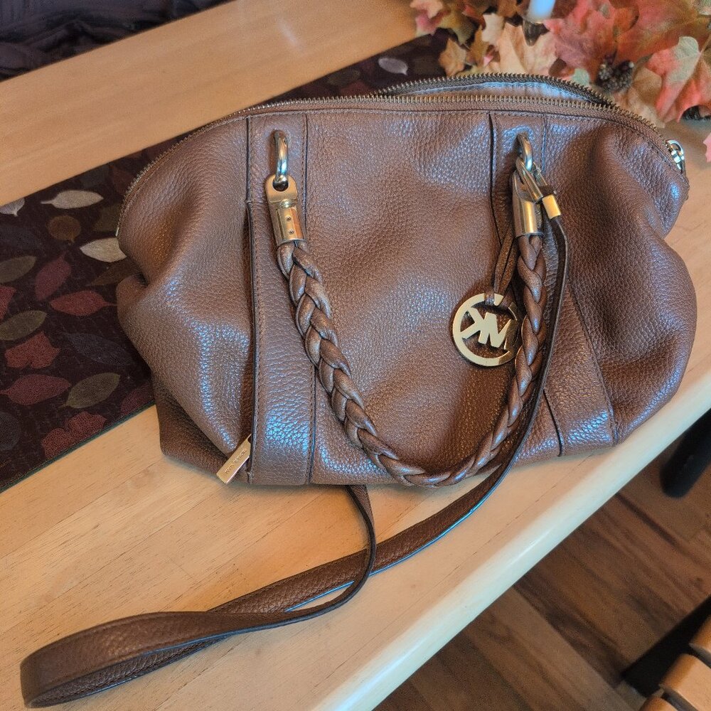 Michael Kors Brown Leather Naomi Braided Handle Satchel